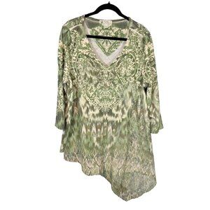 Unity World Wear Women's Top Green Embellished 3/4 Sleeve Boho Size 1X Lagenlook